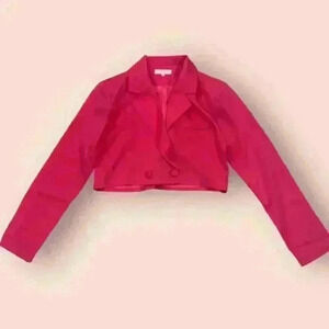 Women's M Pink Cropped Blazer Long Sleeve Pleated Hem Buttoned